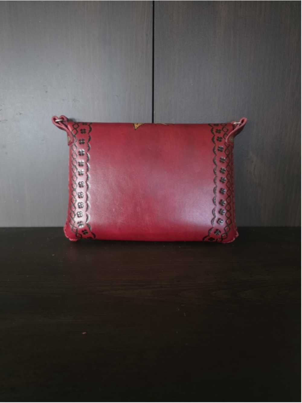 Sunflower Butterfly Red Wine Embossed Tooled Artisan LEATHER Crossbody Purse Bag - Picture 6 of 16
